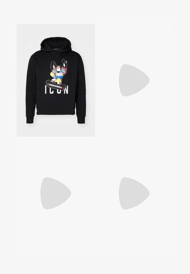 Mustvalge kapuutsiga, mille esiküljel on graafika, kus on karikatuurikoer suusagoglite ja lumelaudadega, ning mis sisaldab valget teksti "ICON" ja "DSQUARED2".; The Kooples CHEMISE - Pluus - white; Keskesinises laia säärega teksapüksid, millel on siniste ja valgete vertikaalsete triipudega mansett. Klassikaline viie tasku disain ja nööbiga sulgemine.; Valge nahast tennis, millel on sile põhi, ümar varvas, lamedad nöörid ja tekstuuriline tall. Sisaldab diskreetset logo kontsaribal.