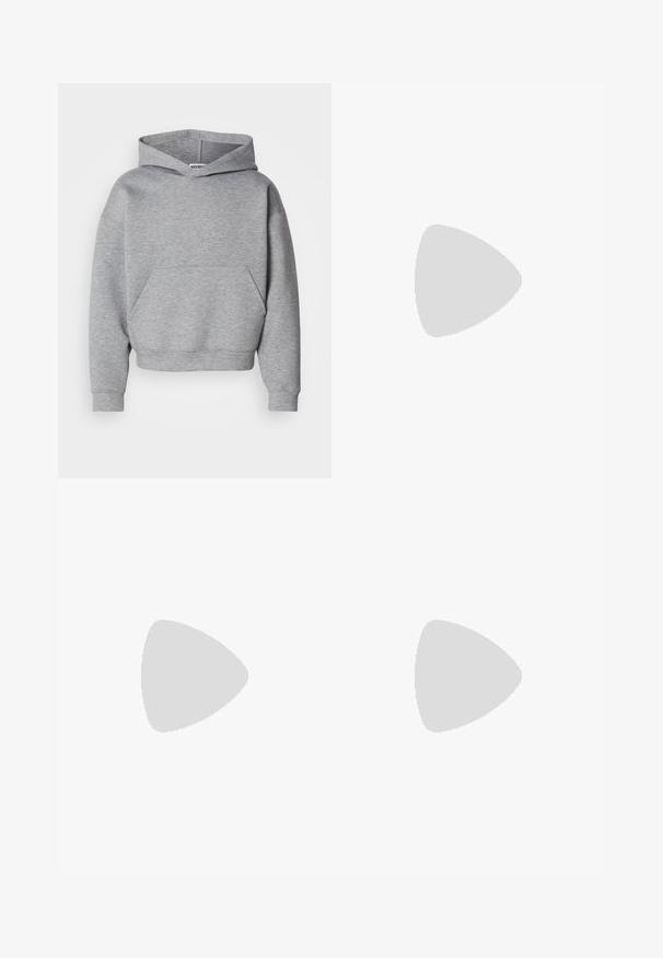 Gray cropped hoodie made of soft material features a front pocket, wide sleeves, and a classic drawstring hood.; Blue straight-leg denim jeans with front and coin pockets, belt loops, and a metal button closure on a plain background.; Black leather lace-up Skechers sneaker with white sole, side logo, and textured grip on sole against plain light background.; Brown gradient sunglasses with a rectangular shape, thick chunky frames, and black temples. Transparent brown material adds dimension.