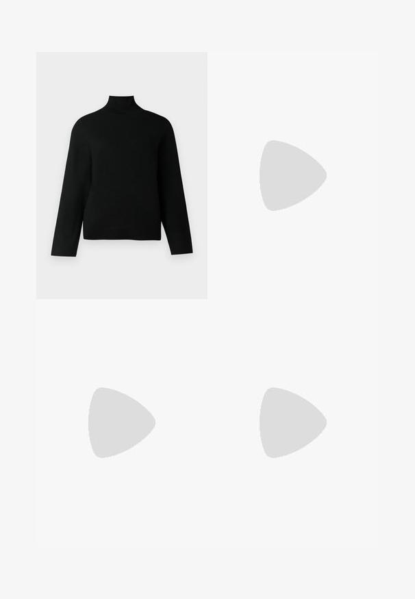 Un pull col roulé noir en tricot doux, doté de manches longues et d'une coupe décontractée. Texture lisse sans motifs ou accents visibles.; Jupe mini en laine présentant un motif pied-de-poule noir et blanc, coupe droite avec un ourlet légèrement asymétrique, et tissu texturé.; Bottes en cuir noires jusqu'aux genoux avec un bout pointu et un talon compensé. La surface est lisse avec une finition brillante.; Sac à main en cuir bordeaux avec deux poignées, quincaillerie dorée et fermeture éclair. Présente une texture lisse et des détails de couture subtils.