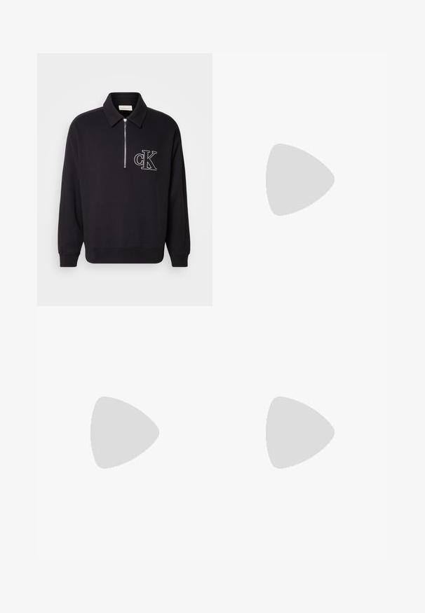 Sudadera negra con media cremallera en el cuello, con un textura de canalé y el logo bordado "cK" en el lado izquierdo del pecho.; Tres camisetas de cuello redondo en colores negro, blanco y gris. Cada una está hecha de algodón suave, con mangas cortas y un pequeño logo en la camiseta negra.; Pantalones de chándal negros con cintura elástica, piernas ajustadas y dobladillos. Textura de tela suave. Detalle del logo en un lado.; Botas de senderismo negras con un diseño estratificado, tejido texturizado y suela de goma, con áreas reforzadas y cordones en la parte delantera.
