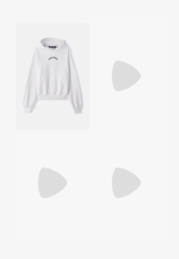 Felpa bianca in cotone con tasca a marsupio frontale, polsini e orlo a coste. Presenta il logo "Palm Angels" ricamato in nero sul petto.; T-shirt bianca a maniche corte con collo a girocollo e logo "MICHAEL KORS" in rilievo centrato sul petto, su uno sfondo semplice.; Pantaloni cargo neri con cintura elastica e cordino, caratterizzati da bande laterali crema, numerose tasche e dettaglio logo sul davanti.; Sneaker in pelle nera con punta tonda, allacciatura frontale, superficie liscia, suola in gomma spessa e interno a contrasto color nocciola.