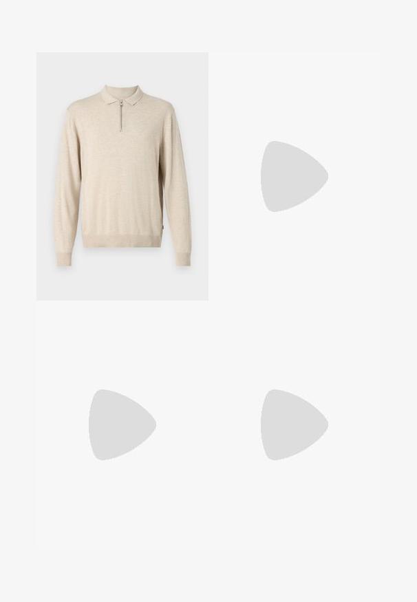 Pulover lung bej cu mânecă lungă, guler și închidere cu fermoar. Fabricat din material moale, cu manșete și garnitură pliata.; Jeans din denim albastru cu croială dreaptă, având un design clasic cu cinci buzunare, cusături vizibile și un aspect decolorat.; Sneaker alb cu accente negre și gri, având un capac de vârf gri texturat, talpă din cauciuc negru și șireturi plate albe. Design elegant, stil minimalist.; Ochelari de soare dreptunghiulari negri cu lentile închise. Rame lucioase, brațe drepte cu o ușoară curbă. Design minimal, fără embellishments.