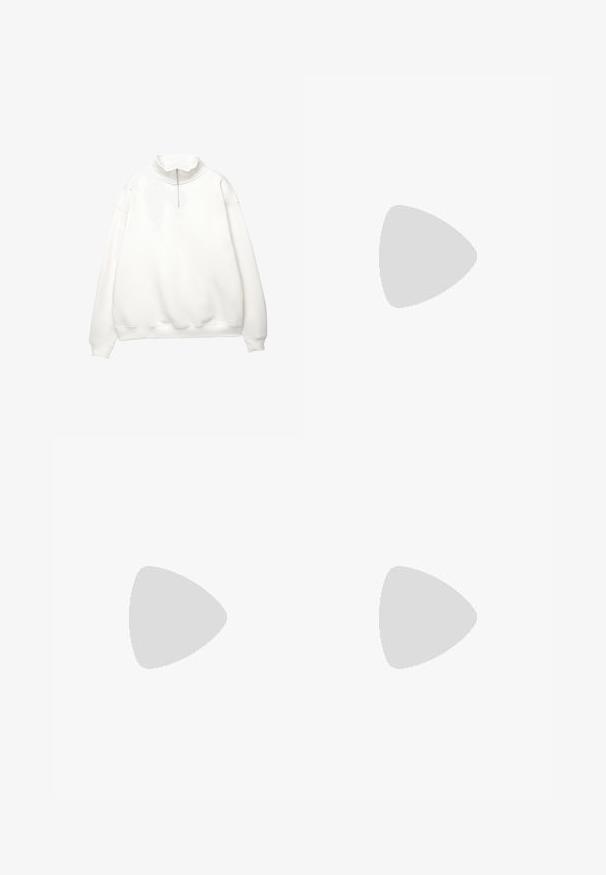 White pullover sweatshirt with a high collar, half-zip front, and dropped shoulders. Smooth texture with ribbed cuffs and hem.; White linen cropped pants with elastic waistband, drawstring, and two side pockets. Smooth texture and lightweight design for comfort.; Black suede sneakers with white laces and three white stripes. Features a circular black logo on the tongue and a gum rubber sole.; Metal-framed sunglasses with oval green lenses. Thin silver metal frame and black ear tips. Minimalist design, no visible logos.