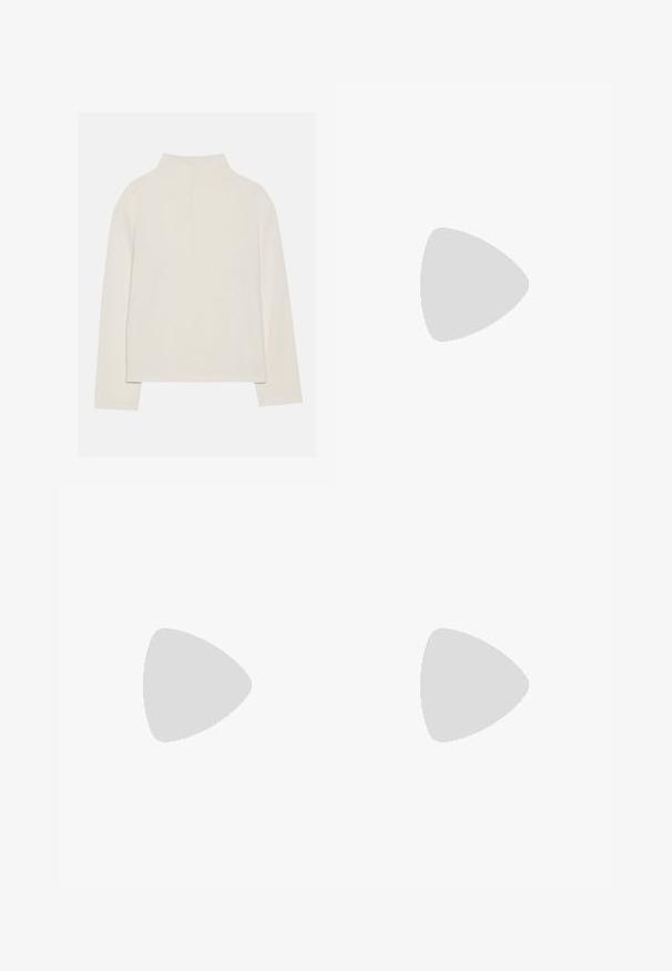 Haut à manches longues de couleur crème avec un col montant, texture douce et coupe décontractée. Épaules sans couture et ourlet droit avec fentes sur les côtés.; Chemise blanche à manches longues avec un col pointu, une poche poitrine à l'avant et des manches à poignets, affichée sur un fond uni.; Pantalon blanc sur mesure avec une coupe droite, doté d'une fermeture à bouton, de passants de ceinture et de poches latérales ; texture de tissu lisse.; Ballerines slingback rose pâle avec un bout pointu, fabriquées en un matériau semblable au cuir lisse. Présentent des découpes sur les côtés et un talon plat.