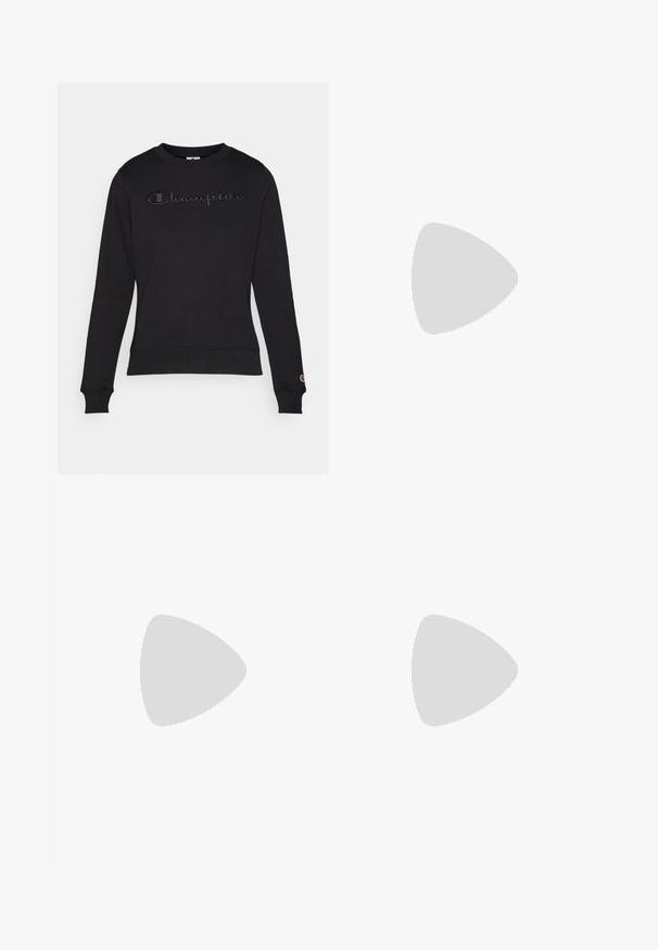 Svart sweatshirt med långa ärmar, rund halsringning och broderad "Champion"-logotyp i mörkt tråd över bröstet. Ribbad manschetter och nederkant.; Vit kortärmad T-shirt i bomull med rund halsringning och en liten logotyp på övre vänstra bröstet. Mjuk textur och vanlig passform.; Beige utsvängda sweatpants med dragsko i midjan, tillverkade av mjukt tyg, med en slät yta och minimala sömmar.; Svarta sportskor med en texturerad mesh-överkonstruktion, vita detaljer och en dämpad sula. Bärs med svarta leggings, vilket framhäver en elegant design.