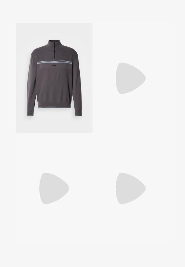 Pull gris à fermeture éclair quart avec un tricot texturé, des rayures horizontales bleues et un logo à l'avant. Les poignets et l'ourlet côtelés apportent de la structure.; T-shirt en coton blanc avec manches courtes, col rond et texture lisse. Design simple, sans motifs ni matériel visible.; Shorts en coton bleu clair avec taille élastique et cordon de serrage. Comprend des poches latérales et un petit logo bleu à l'avant.; Baskets noires avec tige en cuir lisse, bout rond, lacets plats, col rembourré et design minimaliste. Semelle en caoutchouc avec un motif de traction subtil.