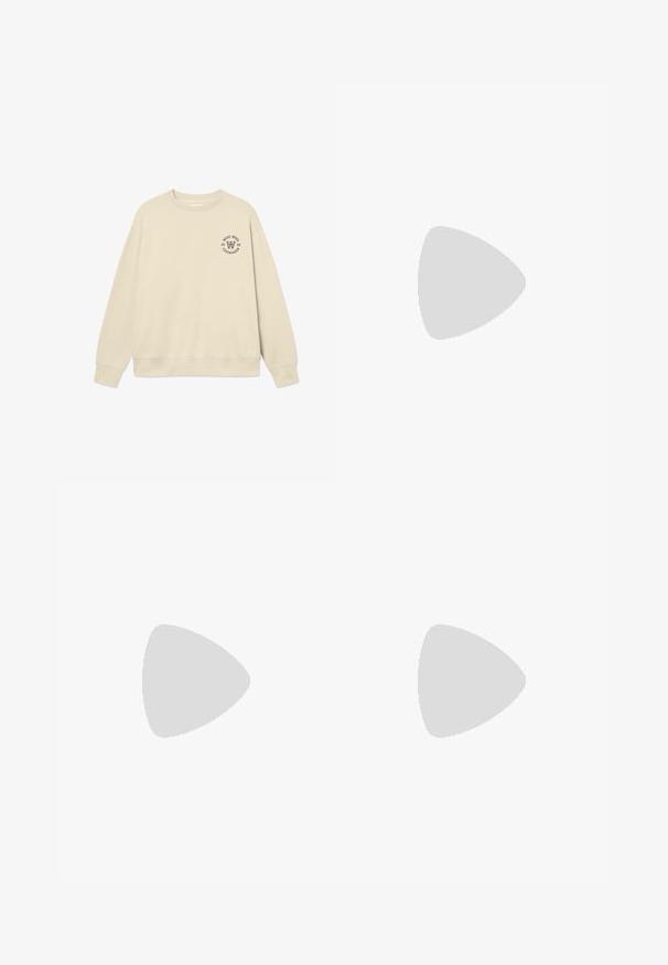 Beige Sweatshirt aus Baumwolle. Mit Rundhalsausschnitt, langen Ärmeln und einem kleinen grafischen Logo auf der linken Brust. Glatte Textur.; Braun gestreifte Hemdjacke mit Kragen, langen Ärmeln und einer Brusttasche; verfügt über weiße Knöpfe und einen strukturierten Stoff.; DOUBLE A BY W.W. WWHEINO STRAIGHT LEG - Stoffhose - salute; Schwarze Wildledersneaker mit runder Kappe, Schnürverschluss, gepolstertem Schaft und strukturiertem Gummisohle für guten Halt. Minimalistisches Design und glatte Oberfläche.