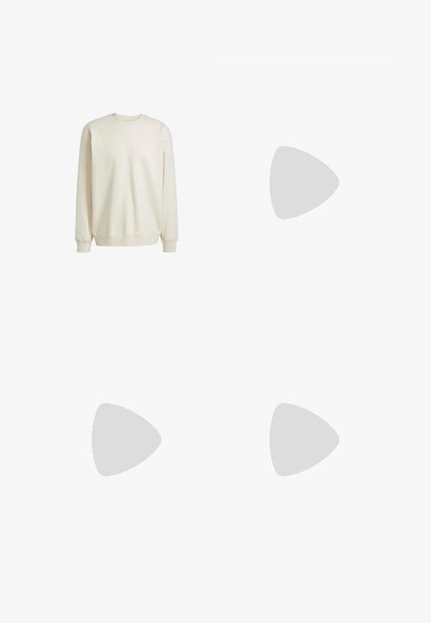 Mikina s kulatým výstřihem v odstínu off-white. Měkká látka, žebrované manžety a lem, vyšívané logo na hrudi, volný střih, minimalistický design.; Bílá bavlněná tričko s černým logem Adidas uprostřed. Krátký rukáv a design s kulatým výstřihem. Hladká textura.; Šedé manšestrové kalhoty se střihem rovného nohavice, vysokým pasem, předními kapsami a jemnou vertikální strukturou.; Světle krémové tenisky s černým designem tří pruhů,Texturovaný svršek, kulatá špička a gumová podešev. Obsahují šněrování a branding po straně.