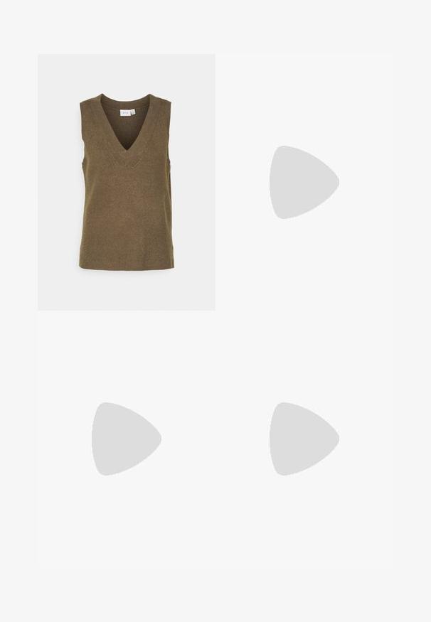 Débardeur en maille vert olive sans manches avec un décolleté en V profond, texture côtelée et ourlet droit, présentant des détails de couture minimaux.; Chemise à rayures beige clair avec de sombres rayures verticales, dotée d'un col classique, de manches longues et d'une poche sur le côté gauche.; Jeans en denim bleu clair avec taille haute, jambes droites et une teinte délavée. Comprend une fermeture à boutons, des passants de ceinture et des poches classiques.; B baskets blanches avec une tige en mesh, des accents bleu marine et une semelle rembourrée. Présente le logo "N", des lacets et un détail texturé sur le côté.