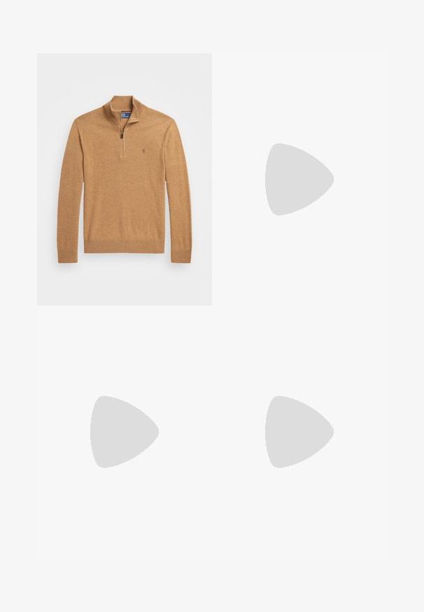 Smešani smeđi zip-up džemper s dugim rukavima, rebrastim ovratnikom i manžetama, izrađen od mekog materijala, s malim logotipom na prsima.; Bijela košulja dugih rukava izrađena od pamuka, s ovratnikom na gumbe, jednim džepom na prsima i malim mornarsko plavim logom s lijeve strane.; Navy plave krojene hlače, s petljama za remen, prednjim nabranim detaljima i uskim krojem. Izrađene od lagane, glatke tkanine.; Smeđe kožne muške formalne cipele na vezivanje s glatkom završnom obradom i natrpanim potplatom na bijeloj pozadini.