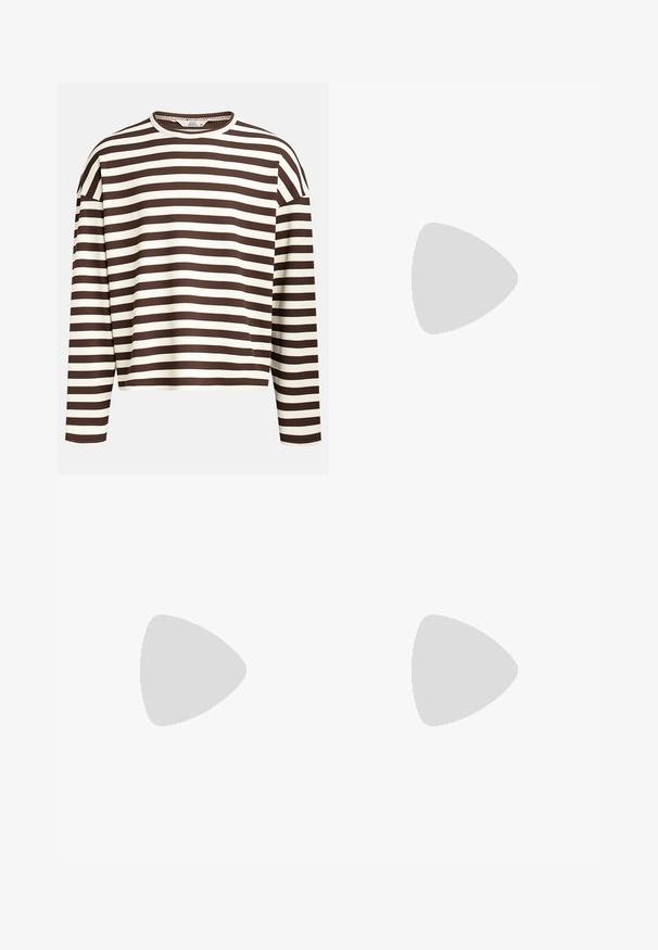 Brown and cream striped long-sleeve top with a rounded neckline, ribbed texture, and dropped shoulder seams, featuring a cropped cut.; Striped short-sleeve t-shirt in beige tones, round neckline, soft fabric, relaxed fit, featuring alternating light and dark horizontal stripes.; Brown denim jeans with a straight cut, five pockets, front button closure, and minimal stitching detail. Soft texture with a matte finish.; Beige sneakers with a textured suede front, smooth leather sides, and a brown rubber sole. Laces and light stitching detail included.