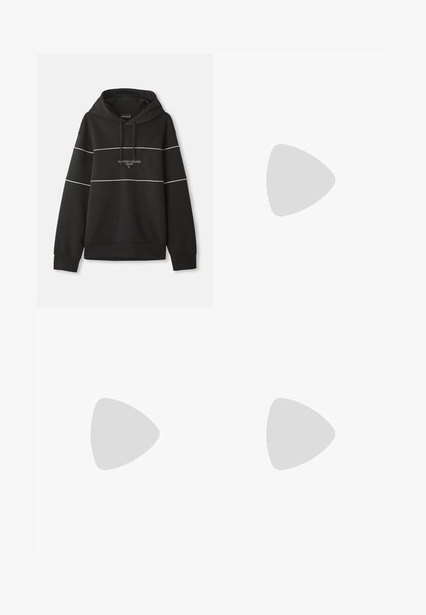 Black hooded sweatshirt with white horizontal stripes and "Emporio Armani Milano" text embroidered on the chest.; Black cotton T-shirt featuring a round neckline, short sleeves, and "EMPORIO ARMANI" logo in white above "Milano" in a curved design.; Light blue denim jeans with a straight-leg cut. Features a five-pocket design, button fly, and faded texture towards the bottom.; White low-top sneaker with green trim, beige suede detailing, and a cream-colored sole with a ridged bottom.