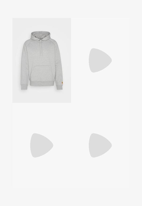 Gray hooded sweatshirt with a kangaroo pocket, ribbed cuffs, and hem, featuring a logo patch on the left sleeve. Soft fabric texture.; Carhartt WIP NASH PANT SMITH - Relaxed fit jeans - black stone washed; Black and white Nike Dunk sneakers featuring a leather upper, perforated toe, black laces, and a black rubber sole with tread design.; Set of five metallic rings in various widths, featuring smooth, polished and brushed finishes; colors range from shiny silver to matte.