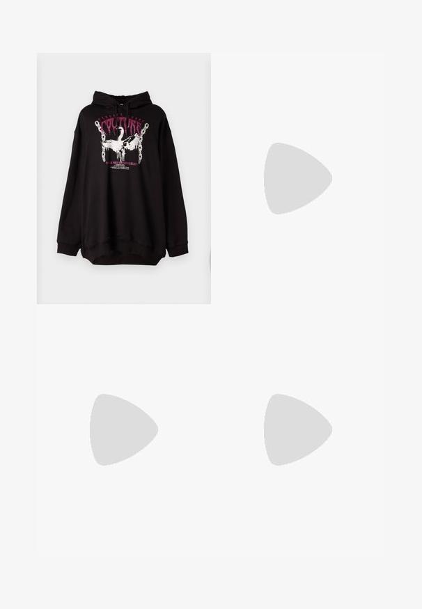 Black oversized hoodie made of soft fabric, featuring a front graphic with pink and white text and illustrations of swans and chains.; Black wide-leg pants made of soft fabric, featuring a pink ribbon tie at the waist and Versace Jeans Couture logo on the front.; White sneakers with brown patterned fabric panel, gold hardware accents, round toe, lace-up design, and textured rubber sole.; Black cat-eye sunglasses with dark lenses, featuring gold geometric accents on the temples and a sleek matte finish.