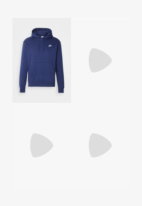 Navy blue hoodie made from soft fabric with a front pouch pocket, drawstring hood, and a small white Nike logo on the chest.; Navy blue cotton T-shirt with a crew neckline and short sleeves. Features a white Nike logo on the left chest and a straight hem.; Navy blue Nike sweatpants made from soft cotton blend, featuring an elastic waistband, tapered legs, and a small white logo on the side.; White leather sneakers with perforated panels, lace-up design, and visible air cushioning. Classic silhouette paired with ribbed white socks.