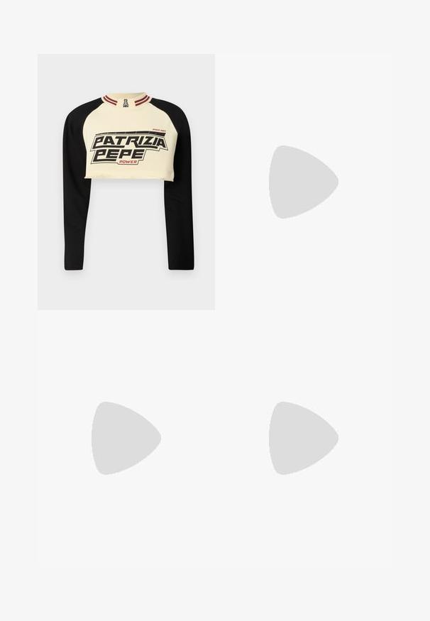 Cropped sweatshirt in cream and black with long sleeves. Features a bold graphic print "PATRIZIA PEPE POWER" and striped collar detail.; Wide-leg blue denim jeans with a faded finish. Features five pockets, a button fly, and contrasting vertical paneling.; Black leather ankle boot with a zip closure, pointed toe, and a block heel featuring a metallic accent on the side. Smooth texture.; Red leather handbag with a slim, rounded shape. Features a single adjustable strap and a smooth texture with subtle stitching details.