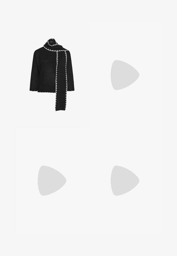 Top nero lavorato a maglia con maniche ampie, caratterizzato da una finitura testurizzata e un bordo decorativo bianco a contrasto lungo il collo e la sciarpa.; Gonna nera a portafoglio con chiusura a un pulsante sul lato, realizzata in tessuto morbido, lunghezza al ginocchio con un leggero dettaglio di sovrapposizione.; Stivale in pelle nera fino al ginocchio con punta arrotondata, una cintura decorativa con fibbia circolare e un tacco basso a blocco. Texture liscia e lucida.; Borsa hobo nera in pelle con una superficie liscia, forma curvata e una singola tracolla regolabile; presenta un'ampia apertura nella parte superiore.