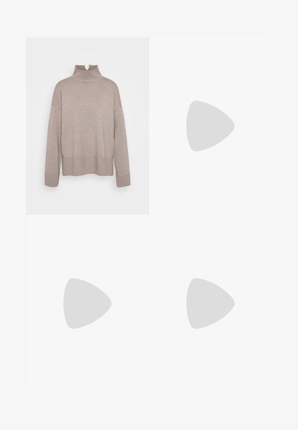 ONLY Tall ONLCOCO LIFE HIGH NECK - Camisola - fungi melange; Jeans de perna larga azul claro feitos de denim, apresentando uma cintura alta, lavagem desbotada e bolsos laterais com costura visível.; Sapatos pretos de pele lacada com biqueira pontuda, salto bloco e tiras no tornozelo, combinados com caneleiras cinzas em malha e uma saia de camurça castanha.; Bolsa transversal de couro castanho com um formato curvado, ferragens douradas e um detalhe de fivela. Inclui uma alça de ombro destacável.