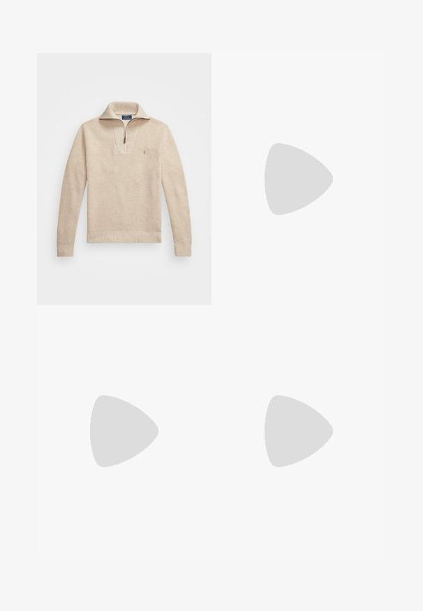 Bežinis, tekstūruotas megztinis su užtrauktuku prie apykaklės. Yra raukšlėtos rankovės ir apatinė dalis, taip pat mažas siuvinėtas logotipas ant krūtinės.; Šviesiai rožinė mygtukinė marškiniai, pagaminti iš medvilnės. Turi klasikinį apykaklę, ilgomis rankovėmis ir nedidelį logo siuvinėtą ant krūtinės.; Šviesiai kreminės spalvos, laisvalaikio kelnės iš minkštos medžiagos. Turi elastinį juosmenį su raišteliais ir siaurėjantį kojų dizainą.; Tamsiai mėlynos spalvos sportbačiai su tekstūruota zomšinė viršutine dalimi, kreminėmis raišteliais ir smėlio spalvos viduriu. Yra klasikinio sportinio dizaino ir guma dengtu padu.