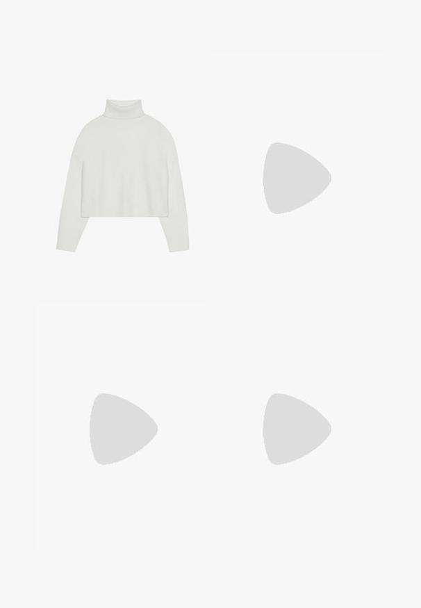 Bílý zkrácený rolákový svetr s žebrovanými manžetami a lemem. Měkká textura, široké rukávy a bezšvový design na zádech.; Rozšířené modré džíny mají světlé praní s vyblednutím, pět kapes a kontrastní švy. Lem je mírně roztrhaný.; Světlé šedé tenisky vyrobené z semiše a síťoviny, se třemi bílými pruhy, kulatou špičkou a gumovou podrážkou. Zlatý logo akcent u šněrování.; Náušnice ve zlatém tónu z kovu s elegantním zakřiveným designem. Vyznačují se jedinečným špičatým tvarem, lesklým povrchem a závěsem na kloub.