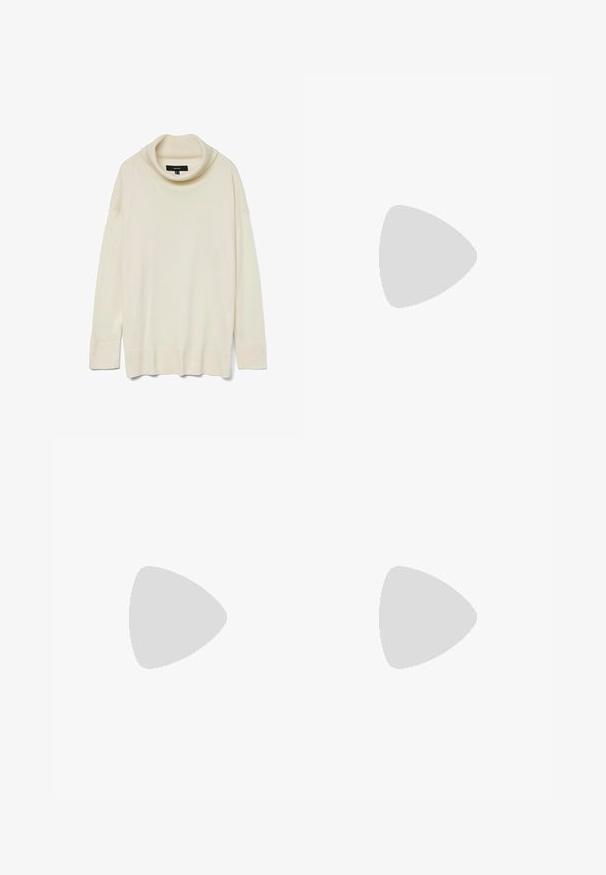 Cremfarbener Pullover mit Schalkragen, langen Ärmeln, Rippensstruktur und lockerer Passform. Weiches Material mit schlichter Gestaltung und ohne sichtbare Hardware.; Schwarze hochtaillierte Jeans mit einem Knopf- und Reißverschluss, Fronttaschen und ausgestellten Beinen, flach auf einem weißen Hintergrund ausgelegt.; Steve Madden BEAU - Cowboy-/Bikerboot - brown; Braune Leder-Tote mit glatter Textur, offenem Oberteil und zwei Schulterriemen. Verfügt über minimale Nähte und keine sichtbaren Beschläge.