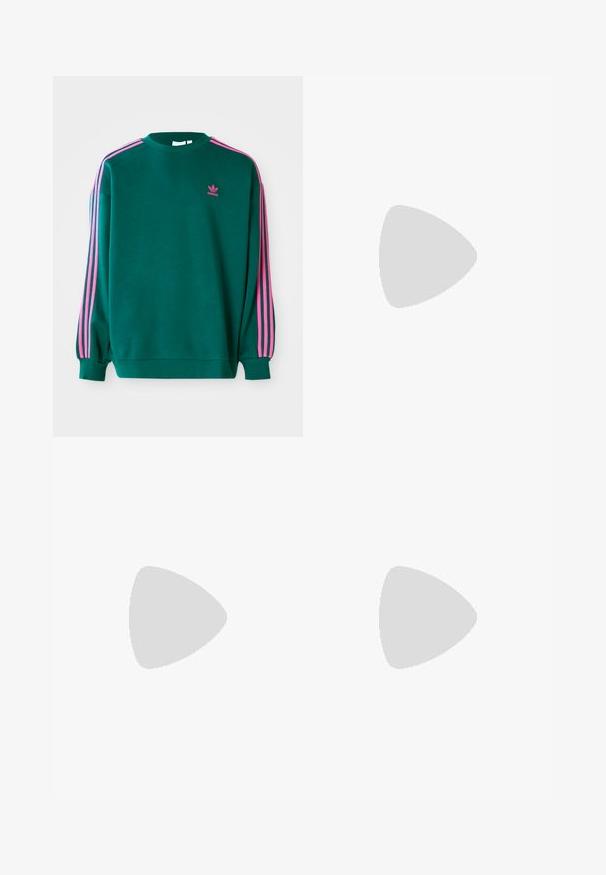 Grüner Sweatshirt mit langen Ärmeln, Rundhalsausschnitt, rosa drei Streifen Akzenten an den Schultern und kleinem rosa Logo auf der Brust. Weiche Stoffstruktur.; Weißes Baumwoll-T-Shirt mit kurzen Ärmeln, Rundhalsausschnitt, mit einem kleinen goldenen Logo im linken Brustbereich. Weicher Stoff und normale Passform.; Grau Rippcordhosen mit weitem Bein, vertikalen Rippungen, einem Knopfverschluss und zwei Fronttaschen.; Schwarze Wildleder-Sneaker mit weißen Schnürsenkeln, drei weißen Streifen an der Seite, strukturierten Akzenten und einer Gummisohle mit einem leicht orangefarbenen Schimmer.