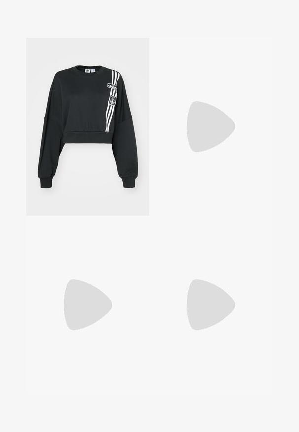 Black cropped sweatshirt with long sleeves. Features white three-stripe design on the side and branded patches on the front. Soft texture.; White lace skirt with a tiered design, featuring a scalloped hem and black side accents. Textured fabric with a floral pattern.; White leather sneaker with black stripes and grey accents, featuring a rounded toe and gum rubber outsole. Velcro strap and lace closure.; Black fabric crossbody bag with a zipper closure, featuring a white Adidas logo and a striped adjustable strap for easy carrying.