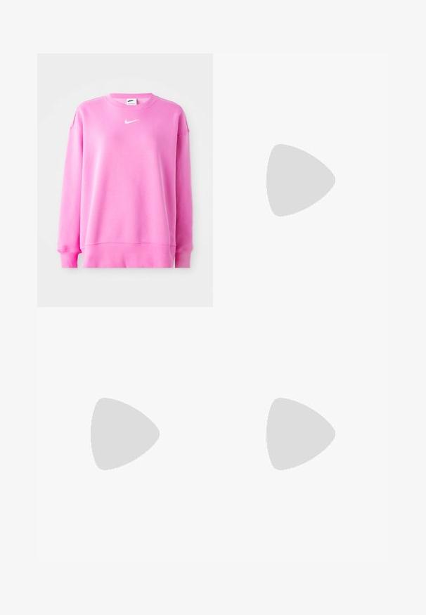Pink Nike sweatshirt with a crew neck, long sleeves, and a white logo on the chest. Soft fabric with ribbed cuffs and hem.; Blue denim jeans with a relaxed fit, high waist, five-pocket design, and stitching accents. Features a button and zipper closure.; Pink, loose-fitting sweatpants with a smooth texture, paired with white and gray athletic shoes featuring mesh and rubber soles.; Silver sunglasses with a sleek, wraparound design. Clear lenses and textured black accents on the arms. Lightweight plastic material.