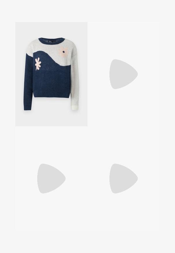 Navy and light gray knitted sweater with wave pattern, floral design in pink and black, round neck, ribbed cuffs and hem.; Beige, straight-leg trousers with a flat front, side pockets, and a smooth, lightweight fabric. No visible patterns or hardware details.; Black flat shoes with a small bow detail at the toe, paired with dark brown ribbed tights. Shoes have a smooth texture and low profile.; Gray ribbed crop top and olive green high-waisted skirt. Model holds a white shoulder bag with cut-out detailing. Simple design, fitted silhouette.