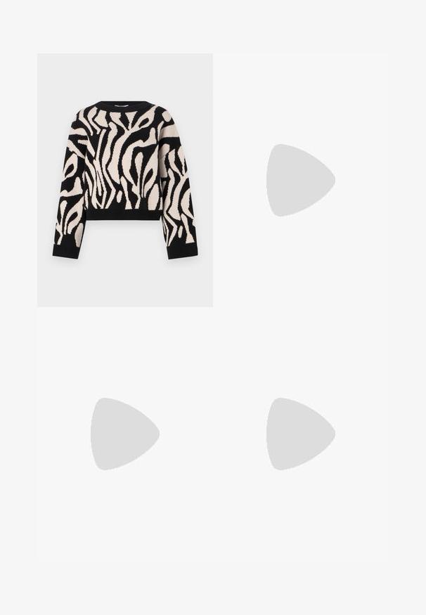 Black and cream knitted sweater with an abstract wavy pattern, crew neck, long sleeves, and a cropped hem. Soft texture and elastic cuffs.; Dark blue denim jeans with a straight-leg design, featuring orange stitching, five pockets, and a button closure at the waistband.; Black leather ankle boots with a round toe, lace-up front, and a thick rubber sole featuring a textured tread. Pull tab at the back.; Silver hoop earrings with a minimalist design. Circular shape, smooth texture, and thin profile. Lightweight with a polished finish.