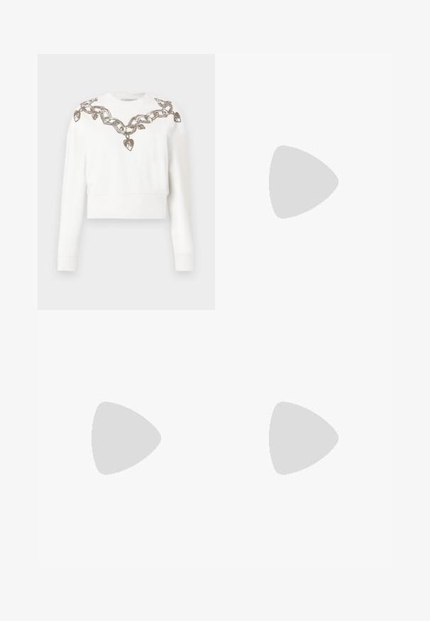 White cropped sweatshirt with long sleeves, featuring a chain and heart pattern in metallic thread along the neckline and shoulders.; Black wide-leg trousers with an elastic waistband. Made from a smooth, stretchy fabric. No pockets or visible seams. Clean, minimalist design.; Black leather ballet flat with a pointed toe, low heel, and smooth texture. Minimal design with a subtle side accent.; Black leather tote bag with a square handle, featuring a textured finish and embossed logo. Includes a detachable strap.