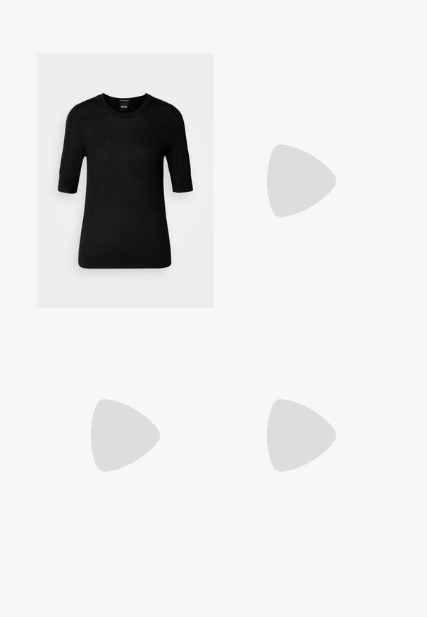 Suéter preto de manga curta feito de fina lã merina. Gola redonda, corte justo, textura suave, design minimalista, sem padrões ou detalhes visíveis.; Saia de tweed trançado com um padrão xadrez em tons de preto, roxo e dourado; apresenta uma superfície texturada e um cós elástico.; Bota de tornozelo em camurça preta com bico afilado, fecho de zíper na parte de trás e um salto alto robusto. Textura suave e design minimalista.; Bolsa de couro preta com um design estruturado, apresentando uma forma cropped, alça superior e detalhes em metal dourado. Inclui uma alça de ombro ajustável.