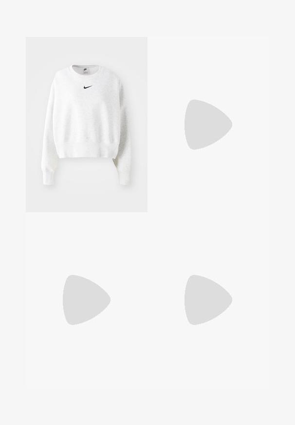 Hanorac gri deschis, confecționat dintr-un material moale, cu guler rotund, mâneci lungi și un logo Nike negru pe piept. Design scurt.; Rochie midi maro, cu model, cu bretele subțiri, decolteu în V și dungi verticale; țesătură texturată cu motive florale și detalii contrastante.; Tenisi albi voluminoși, fabricați din plasă texturată și materiale sintetice, cu o talpă groasă și detalii de model intricate pe laturi.; Geantă bej din material moale, cu un design lejer, detalii cusute și două bretele pentru umăr. Potrivită pentru utilizarea zilnică.