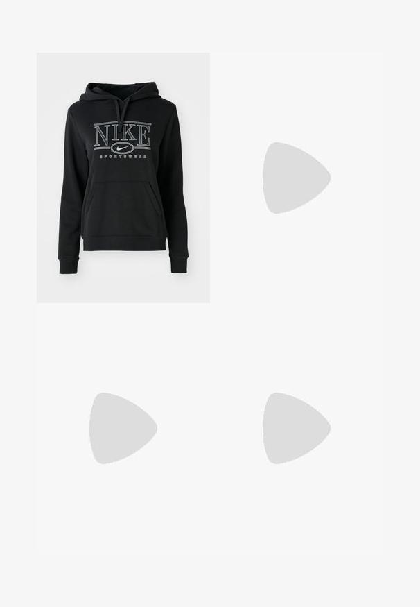 Čierna mikina Nike s kapucňou na šnúrku, prednou klokankovou vreckou a výrazným bielym logom s nápisom "SPORTSWEAR". Mäkká textúra látky.; Béžová plisovaná sukňa vyrobená z texturovanej tkaniny. Má pás s pútkami na opasok a logo nášivku na prednej ľavej strane.; Športové tenisky s bielou sieťovinou, šedými semišovými akcentmi, čiernou gumovou podrážkou a textúrovanými dizajnovými prvkami na bočnej strane.; Hnedá kožená taška cez plece s zakriveným tvarom, s výrazným detailom sponky, kontrastným prešívaním a jedným popruhom na plece.