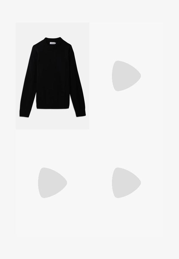Black sweater with a ribbed crew neckline, long sleeves, and a textured knit pattern. No visible logos or embellishments.; Navy blue trousers made of lightweight fabric. Feature a straight leg design, single button closure, and minimalist stitching.; Black leather men's loafer with a low heel and a classic penny strap design, shown in side profile on a white background.; Black Michael Kors duffel bag with double handles, front zip pocket featuring repeated MK logo pattern and Michael Kors branding.
