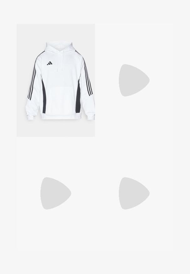 Weißer Kapuzenpullover mit schwarzen Seitenpanelen, Fronttasche und verstellbarem Kapuzenzug. Enthält drei schwarze Streifen entlang jeder Ärmel.; Langärmliges weißes Sportshirt aus glattem Material mit einem schwarzen Adidas-Logo auf der Brust; V-Ausschnitt-Design und figurbetonte Form.; Schwarze Sporthosen mit lockerer Passform, versehen mit weißen Seitenstreifen, einem Kordelzugbund und zwei Seitentaschen. Hergestellt aus weichem Stoff.; Weiße Sportschuhe mit einem strukturierten Mesh-Obermaterial, einer stützenden gepolsterten Sohle und einem drei Streifen-Design an der Seite.