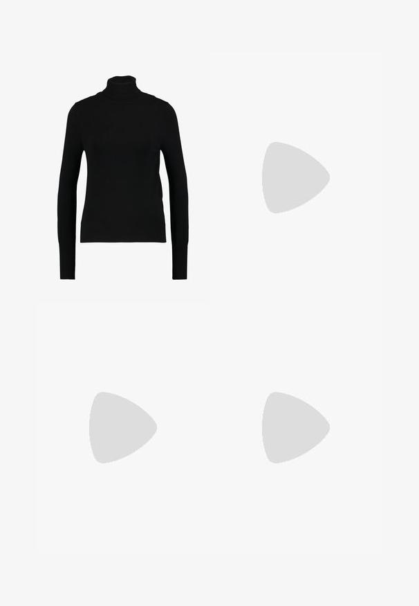 Zwarte langetermijn turtleneck gemaakt van lichtgewicht, ribbelgebreide stof; heeft een aansluitende vorm en een hoge kraag, zonder extra versieringen.; Beige, wijde broekspijpen gemaakt van gladde stof met een relaxte pasvorm. Kenmerken zijn een zachte, elastische tailleband en subtiele plooien aan de voorkant.; Sportschoenen met een witte leren bovenkant, grijze suède neus en drie zwarte strepen. Bevat een blauw logo op de tong en een gestructureerde rubberen zool.; Bordeaux leren handtas met een gebogen vorm, een gouden cirkelvormige hardware accent en een enkele schouderband. Zachte textuur, minimalistisch ontwerp.