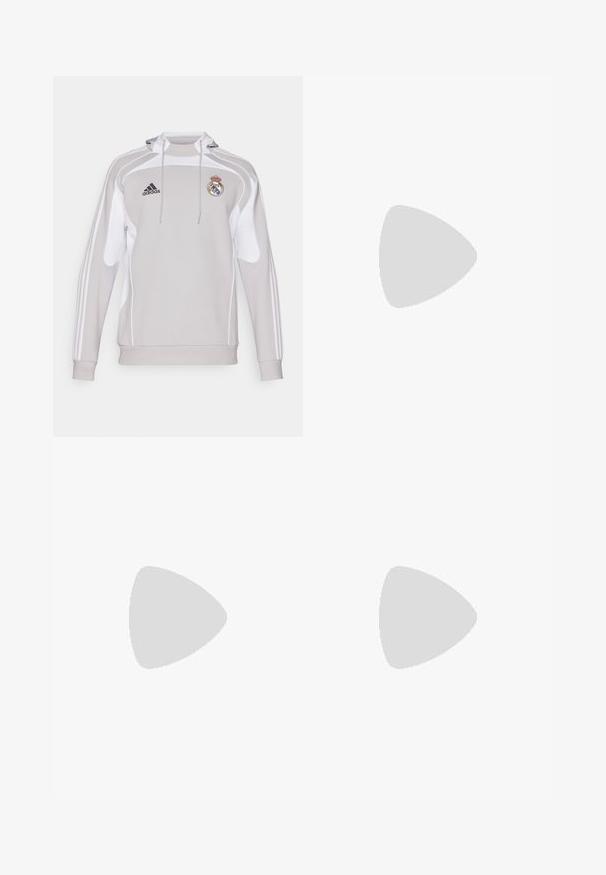 Gray hooded sweatshirt with white accents, featuring Adidas logo and Real Madrid crest. Made from smooth, stretchy fabric with long sleeves.; White polo shirt with black stripes, featuring a buttoned collar and embroidered club logo with gold accents on the chest.; Black athletic pants with purple and green accents, slim fit, elastic waistband, and logo on the left thigh. Made of smooth, lightweight material.; White athletic shoes featuring a textured mesh upper, supportive cushioned sole, and three stripe design on the side.