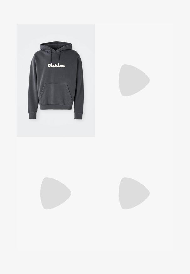 Kullgrå hettegenser med en frontlomme, ribbestrikkede mansjetter og en hvit "Dickies."-logo i midten, laget av myk bomull.; Hvit bomull t-skjorte med korte ermer, som har en liten svart logo på brystet og et merke nederst til venstre.; Lys grå vid jeans med en falmet effekt, med knapp og glidelås lukking, fem lommedesign og kontrastsøm.; Marineblå suede sneakers med gule striper, hvite lisser og burgunder detaljer. Teksturert såle med spor for grep. Merkevarenlogo på siden.