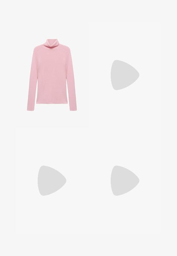 Pink long-sleeve ribbed sweater with a folded turtleneck collar, displayed flat on a white background.; Blue and white striped long-sleeve button-up shirt with a spread collar, tailored fit, and curved hemline. Textured cotton material.; Denim flared jeans in dark blue. Features a standard waistband, front pockets, and subtle fading near the knees. Classic five-pocket design.; Black leather boat shoes with a rounded toe, lace-up design, stitched accents, and a chunky rubber sole featuring a textured grip pattern.; Black woven tote bag with two sturdy handles, featuring a glossy texture and a spacious open top design.