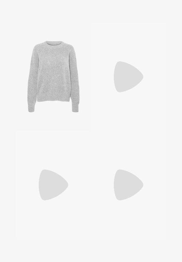 Grauer Strickpullover mit langen Ärmeln, Rundhalsausschnitt, gerippten Bündchen und Saum, mit weicher Textur und lockerer Passform.; Weiße Denim-Culottes mit entspannter Passform, zwei vorderen Taschen und Knopfverschluss. Strukturierter Stoff mit genähten Nähten.; Cremfarbene Slingback-Schuhe mit spitzem Zeh, dünnen Riemen und einem goldenen Akzent auf dem Spangenbereich. Sie haben einen niedrigen, schmalen Absatz.; Schwarze Sonnenbrille mit einem schlanken rechteckigen Rahmen und einem goldenen Logo-Akzent an der Seite. Dunkle Gläser und glänzende Oberfläche sind auffällig.; Weiße Lederhandtasche mit goldfarbenen Beschlägen, ausgestattet mit einer Klappenverschluss und einem abnehmbaren, verstellbaren Riemen. Runde Metallakzente in der Mitte.