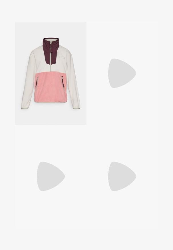 Fleece genserjakke med hvit øverste del, rosa nederste del og vinrød krage; inkluderer sidelommer med glidelås og en halv-zip front.; Cremerfarget, kort t-skjorte med rund hals, kortermet og svarte sidepaneler; har en liten svart logo på brystet.; Olivenfarget midtlange skjørt laget av lett stoff, med elastisk midjebånd, snøring og to sidelommer.; Columbia terrengløpesko i lys beige og grå. Mesh-overdel med teksturdetaljer, gummiyttersåle og reflekterende detaljer. Lett design.