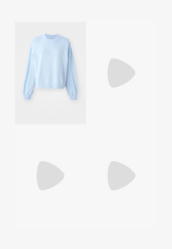 Light blue sweatshirt made from soft cotton material. Features a crew neck, dropped shoulders, and ribbed cuffs and hem with subtle branding.; Navy and white striped long-sleeve shirt with a classic collar, front pocket, and button closure. Soft fabric with a smooth texture.; Light blue, wide-leg pants with an elastic waistband. Made from soft fabric, featuring a smooth texture and no visible patterns or accents.; Light purple GORE-TEX athletic shoes with a textured mesh upper, black accents, and a sculpted sole. Features elastic laces and padded collar.