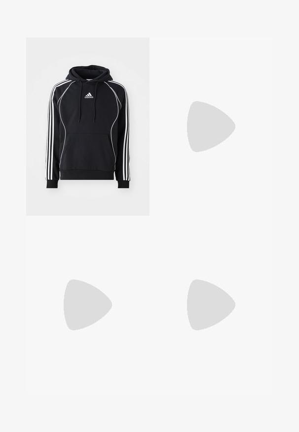 Juodas Adidas džemperis su baltais dryžiais ant rankovių, balta apdaila priekyje, priekinė kengūrų kišenė ir virvelė ant gobtuvo.; Baltos medvilninės marškinėliai, trumpomis rankovėmis, apvaliu kaklu, lygia tekstūra, sušluoti į eilę, su subtiliu prekės ženklu ant kaklo.; Tamsiai mėlynos Adidas sportinės šortai su balta apdaila ir trimis baltais dryžiais kiekvienoje pusėje, elastinga juosmens juosta.; Juodi sportiniai bateliai su zomšos ir sintetine viršutine dalimi, turintys tris baltas juosteles, tekstūruotą gumos pado paviršių ir mėlyną logotipo etiketę ant liežuvėlio.