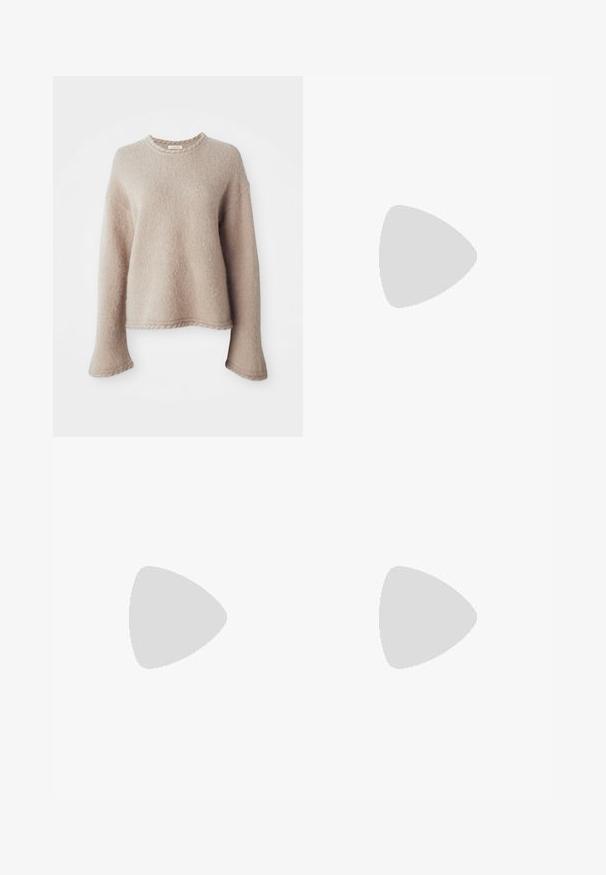 Beige knitted sweater with long sleeves, a crew neckline, and a textured finish. Features a relaxed fit and subtle ribbed hem details.; Beige, satin skirt with a flared silhouette. Features a gathered waistband and a subtle sheen, with angled seams and a flowy drape.; Beige heeled sandals with a T-strap design, square toe, adjustable ankle strap, and a low, block heel. Smooth leather material.; Ree Projects ANN TOTE MINI - Handbag - black