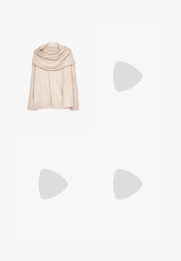 Beige, gebreide pullover met een brede, gedrapeerde halslijn, lange mouwen en geribbelde manchetten. Zachte textuur met een subtiel gemêleerd patroon.; Bruine broek van gladde stof, met een hoge tailleband, voorplooien en een comfortabele fit. Heeft zijzakken en taps toelopende benen.; RAID JORDANN - Laarzen met hoge hak - black; Zwarte geweven handtas met een ronde vorm, textuur oppervlak en een dikke gevlochten handgreep. Beschikt over een ritsluiting voor veilige opberging.; Gouden metallic oorbellen met een golvend ontwerp; glad, weerspiegelend oppervlak; asymmetrische vorm; geen zichtbare patronen of hardware.