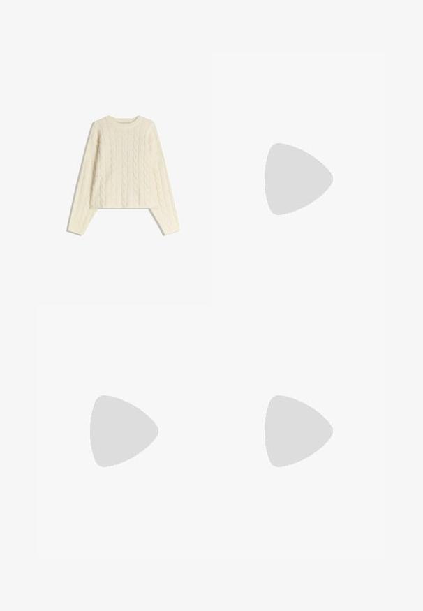 Pulover crem din tricot cu model cablu, cu mâneci lungi și decolteu rotund, expus plat pe un fundal alb.; Cămașă roz deschis cu mânecă lungă, cu nasturi și dungi verticale subțiri albe, întinsă pe un fundal alb.; Pantaloni albi cu picioare largi, confecționați dintr-un material moale, având o talie elastică cu șnur și două buzunare laterale. Design simplu și curat.; Pantof pentru sport din suede maro, cu dungi albe, vârf rotund, design cu șireturi și talpă din cauciuc natural. Suprafață texturată cu detalii de cusătură.