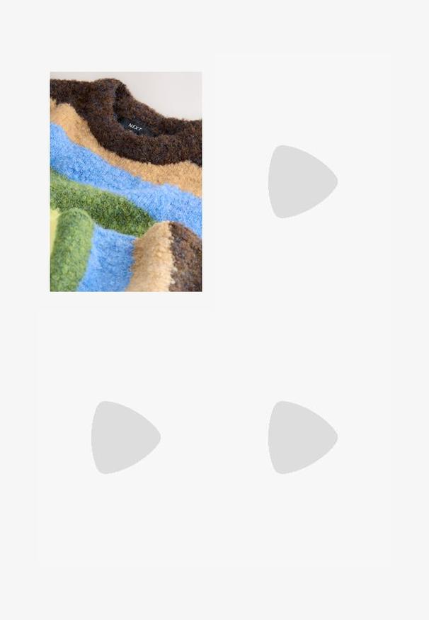 Textured sweater featuring horizontal stripes in brown, blue, yellow, and green hues, constructed from fuzzy yarn. Brand label visible.; White cotton overalls with adjustable straps, front pocket, and side buttons; loose fit with straight legs; minimal visible stitching.; Brown and burgundy sneaker with suede and mesh materials, featuring three cream stripes, textured fabric on the tongue, and a rubber sole.; Brown leather handbag with a textured surface, a single shoulder strap, and a subtle logo on the front. Features a structured design.