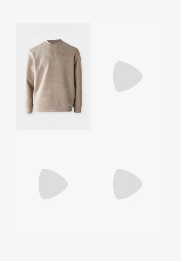 Beige sweatshirt with textured logo pattern, crew neck, and long sleeves. Fabric appears soft with a smooth finish and minimalistic design.; Navy long-sleeve shirt made of soft fabric. Features a button-up front, a pointed collar, and a chest pocket. Grey buttons add contrast.; Navy blue cotton trousers with a straight-leg design, featuring a front button closure and two side pockets. Smooth texture, no visible patterns.; Black suede sneakers with white rubber soles, featuring a rounded toe and laces, worn with gray tailored pants.