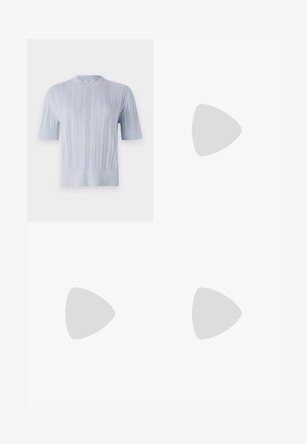 Light blue short-sleeved knit top featuring vertical ribbed texture and a crew neckline. The fabric shows subtle detailing with a fitted hem.; Cream button-up shirt with a textured, grid pattern. Features wide, sculptural sleeves and a pointed collar. Material appears lightweight.; Light blue wide-leg trousers with vertical white stripes. Made of smooth material, featuring a front pleat and a clean waistband design.; Black leather ballet flat with a rounded toe, smooth texture, minimal stitching detail, and a flexible sole design.